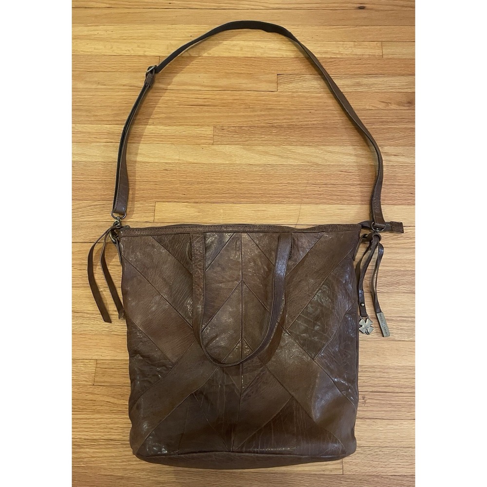 Lucky Brand Leather Tote Hobo Bag Chevron Patchwork Y2K Boho